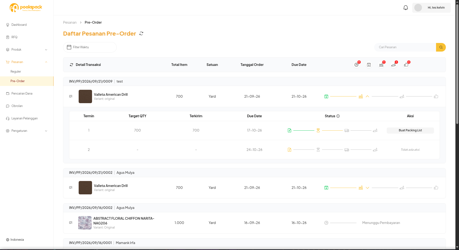 Detail termin pesanan Pre-Order Desktop Web saat menunggu Pooler membayar termin