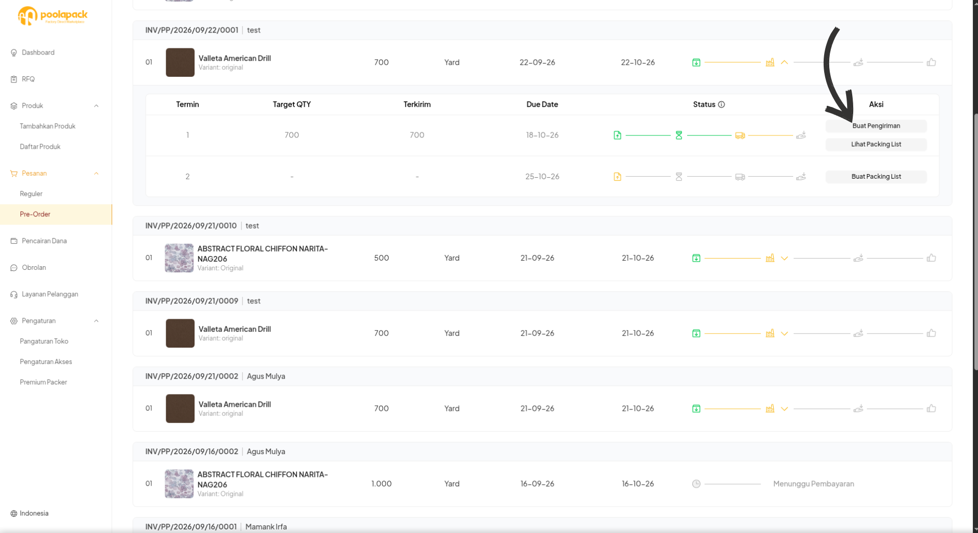 Menu aksi Buat Pengiriman dan Lihat Packing List pada Desktop Web