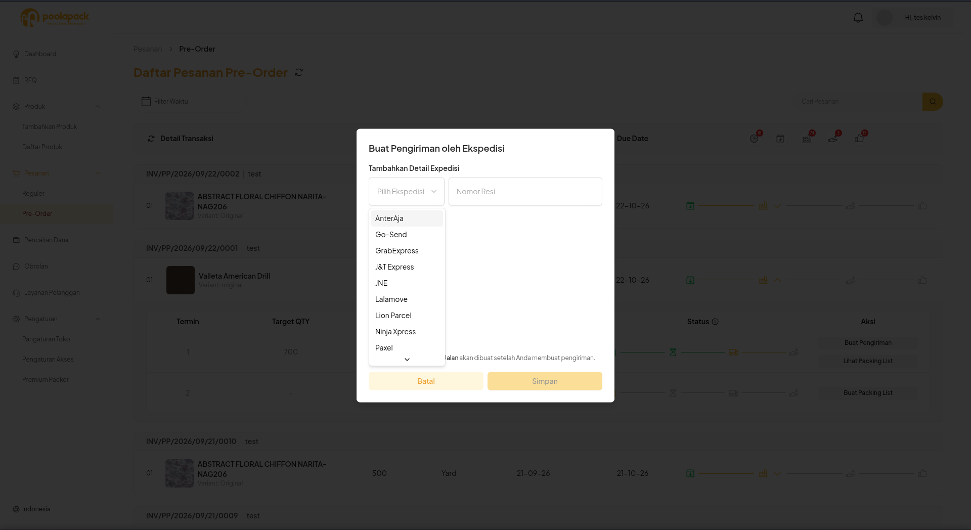 Popup Buat Pengiriman oleh Ekspedisi pada Desktop Web