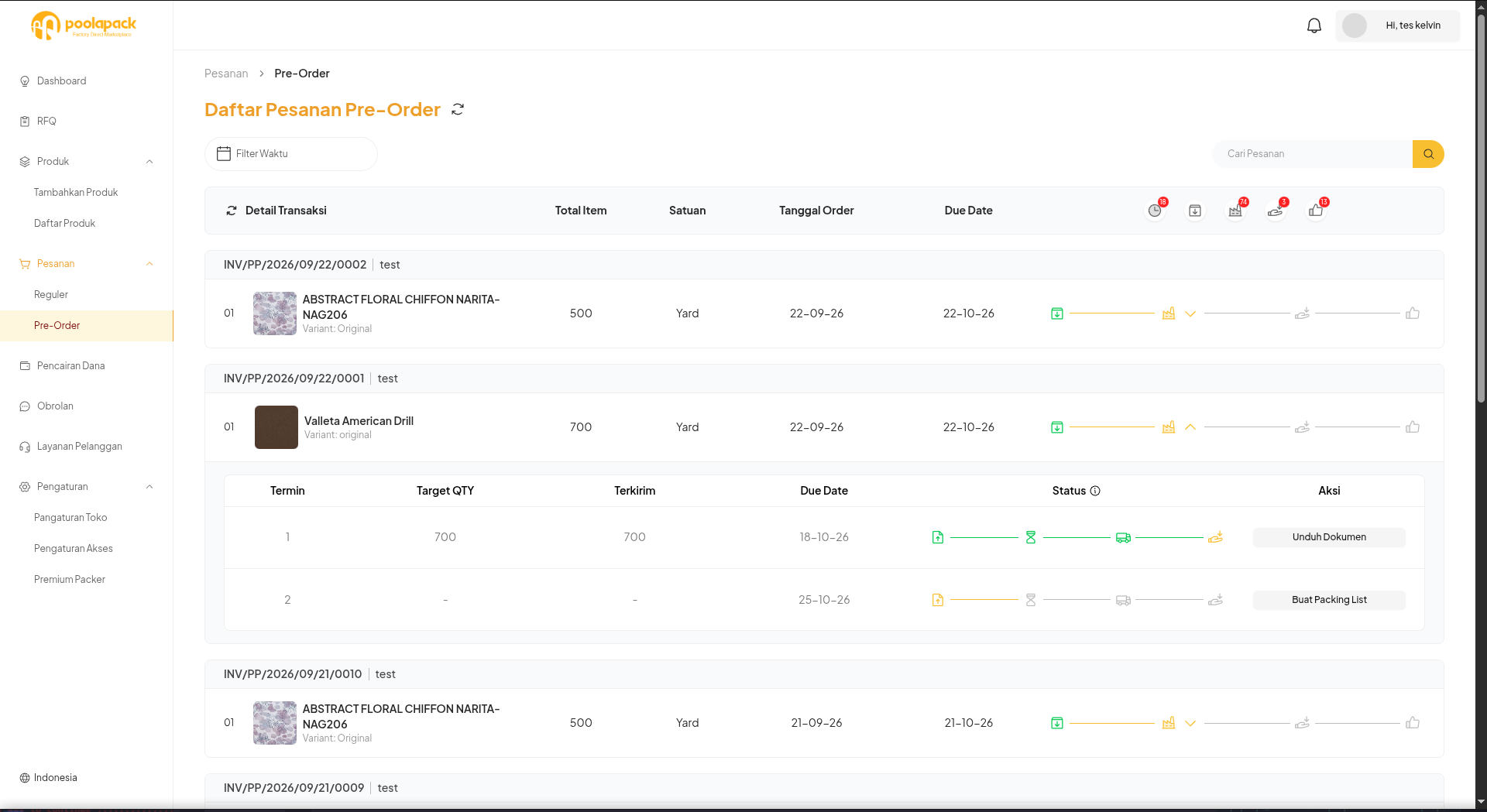 Status penerimaan pesanan Pre-Order Desktop Web setelah proses pengiriman