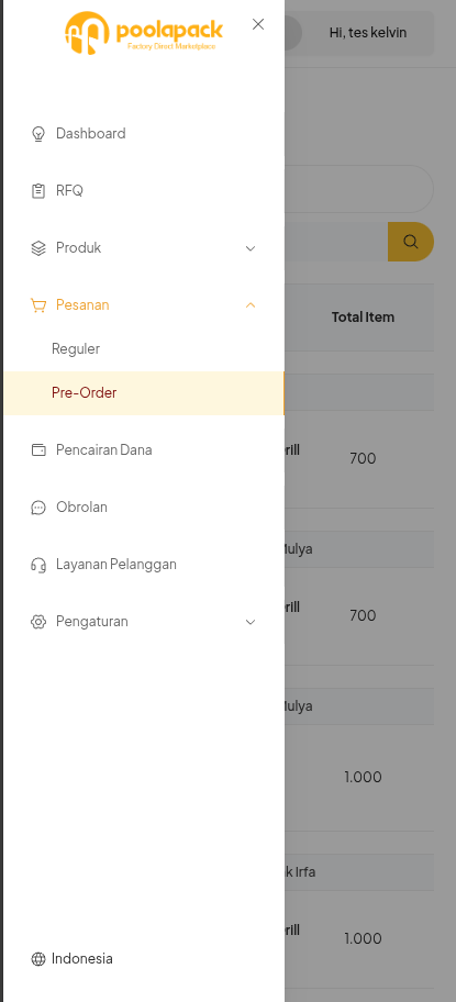 Menu Packer Center Mobile Web dengan pilihan Pesanan Pre-Order