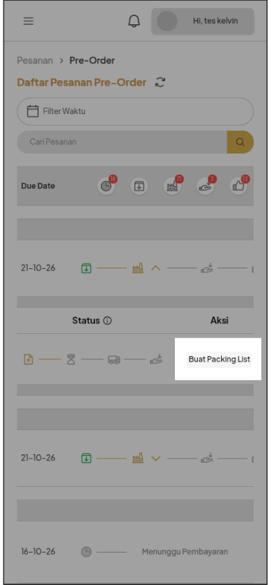 Tombol Buat Packing List pada detail pesanan Pre-Order Mobile Web