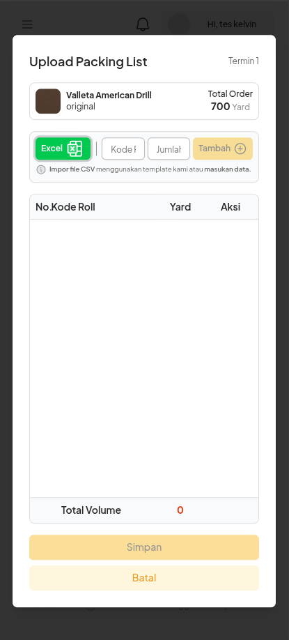 Popup Upload Packing List Pre-Order pada Mobile Web