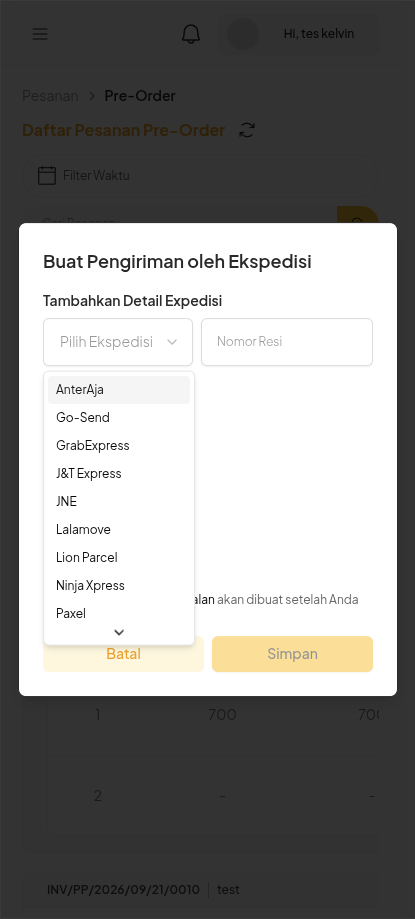 Popup Buat Pengiriman oleh Ekspedisi pada Mobile Web