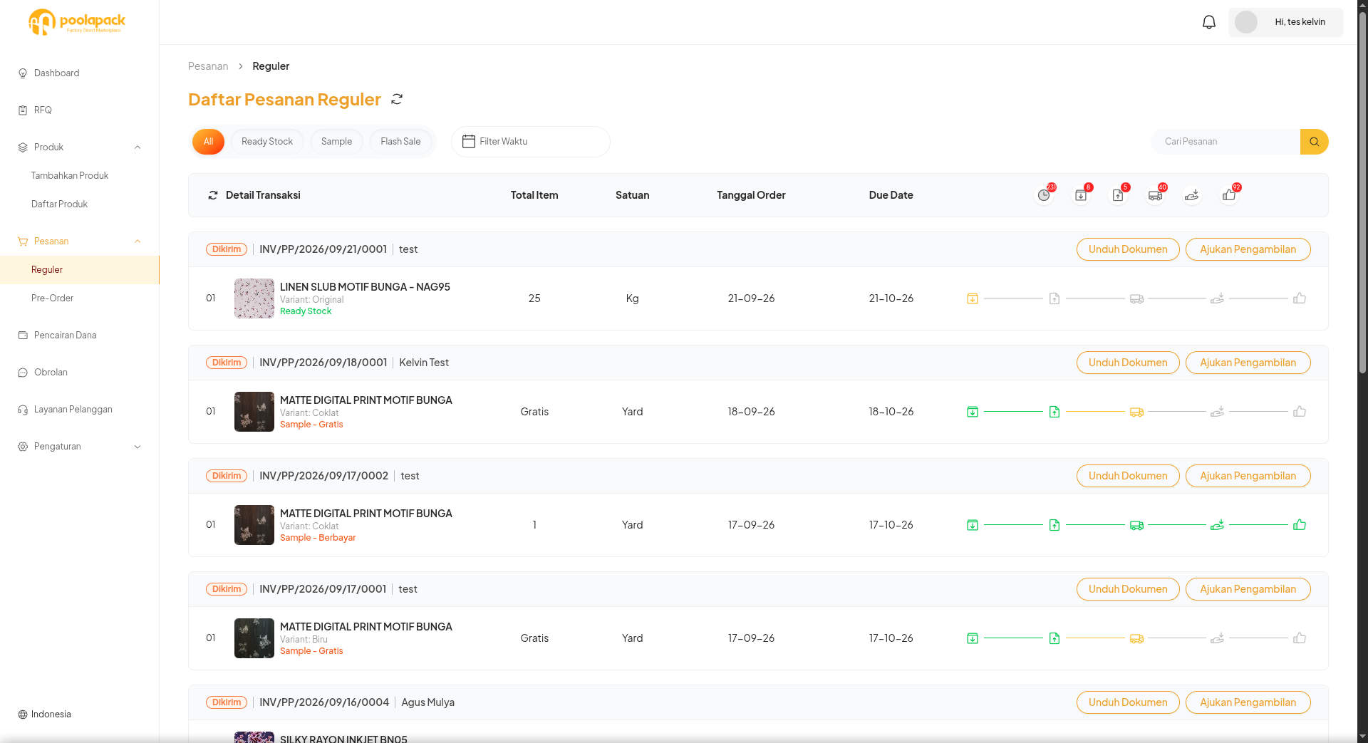Daftar Pesanan Reguler Desktop Web dengan menu Reguler, Pre-Order, dan filter kategori