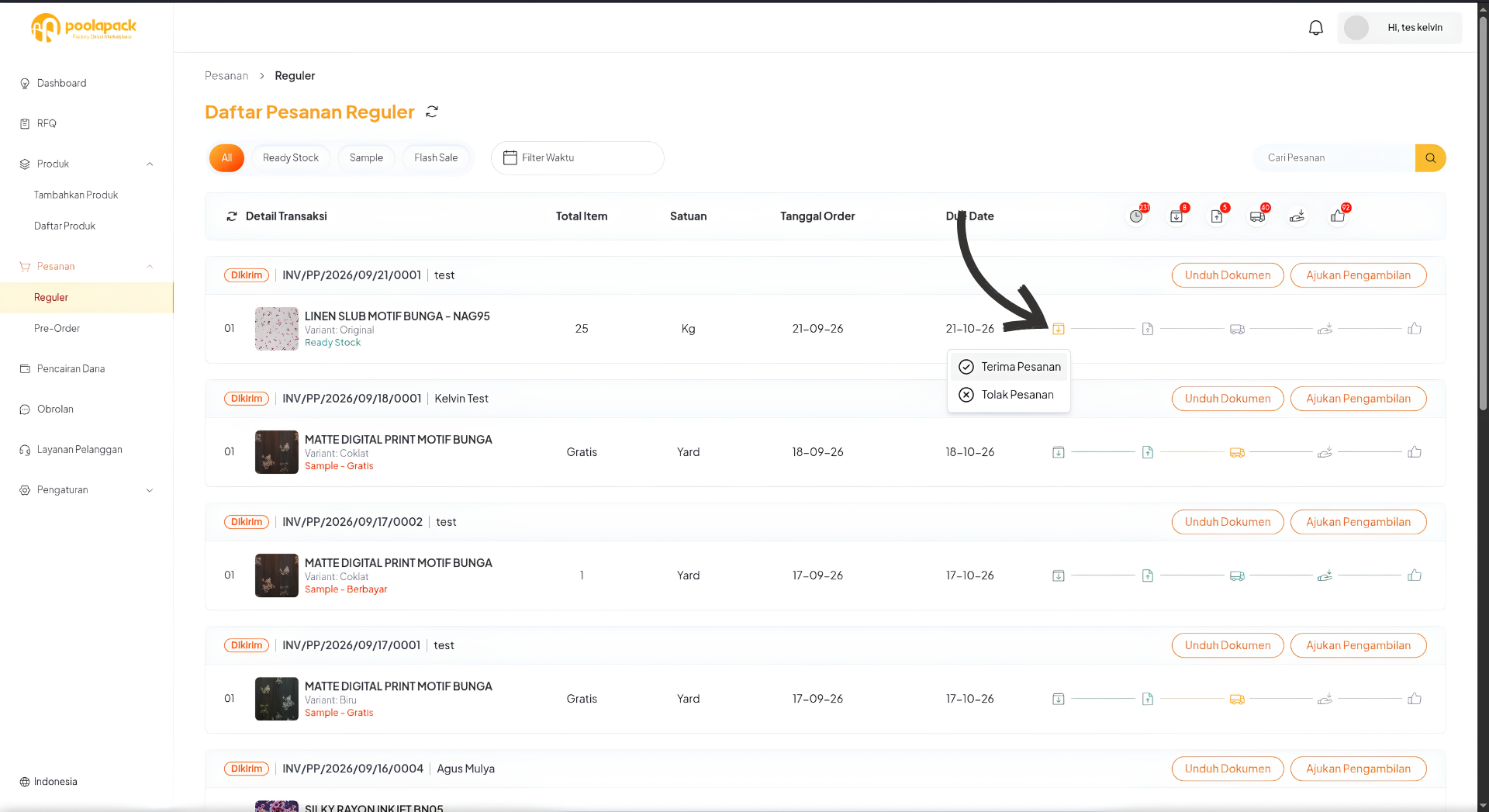 Menu tindakan Terima Pesanan dan Tolak Pesanan pada daftar Pesanan Reguler Desktop Web