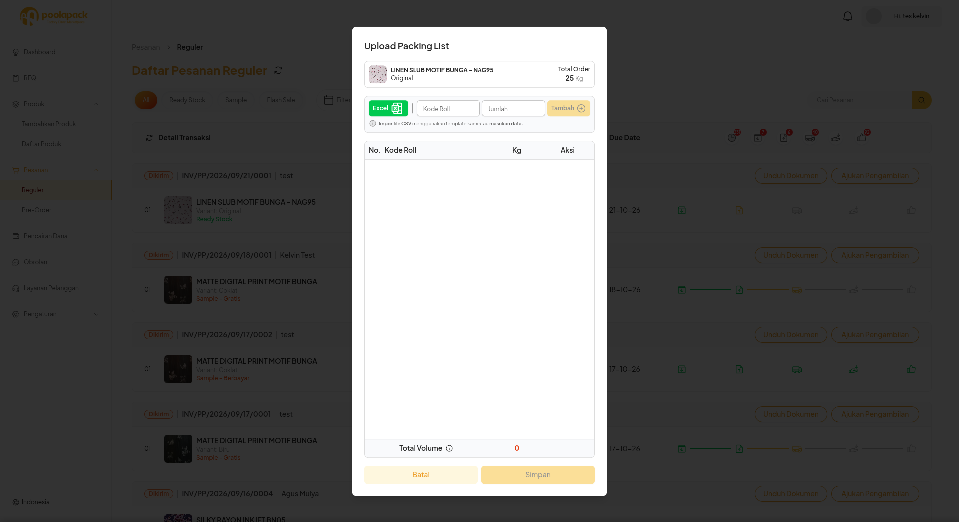 Popup Upload Packing List pada Pesanan Reguler Desktop Web