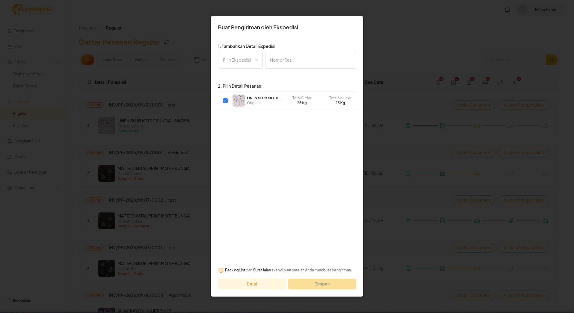 Popup Buat Pengiriman oleh Ekspedisi pada Desktop Web dengan pilihan ekspedisi, nomor resi, dan detail pesanan