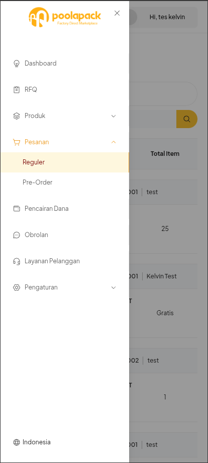 Menu Packer Center Mobile Web dengan pilihan Pesanan Reguler dan Pre-Order