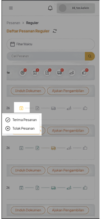 Daftar Pesanan Reguler Mobile Web dengan ikon proses dan pilihan Terima Pesanan atau Tolak Pesanan