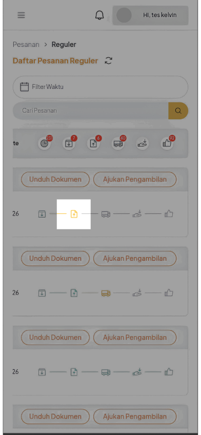 Ikon proses berikutnya yang harus diklik pada daftar Pesanan Reguler Mobile Web