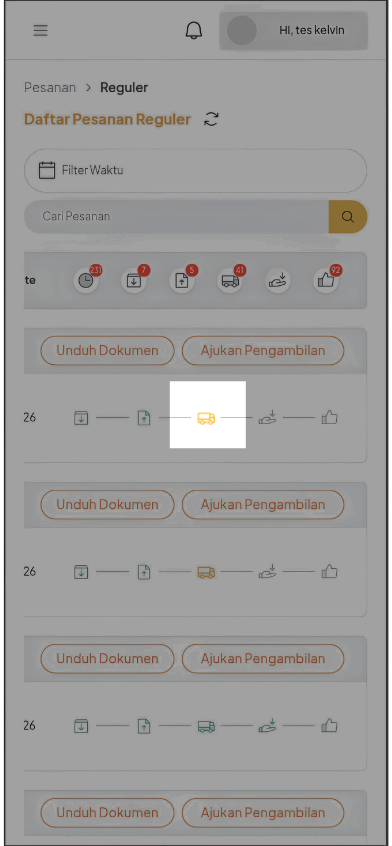 Ikon ekspedisi yang harus diklik pada daftar Pesanan Reguler Mobile Web