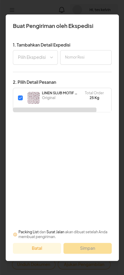 Popup Buat Pengiriman oleh Ekspedisi pada Mobile Web dengan pilihan ekspedisi, nomor resi, dan detail pesanan