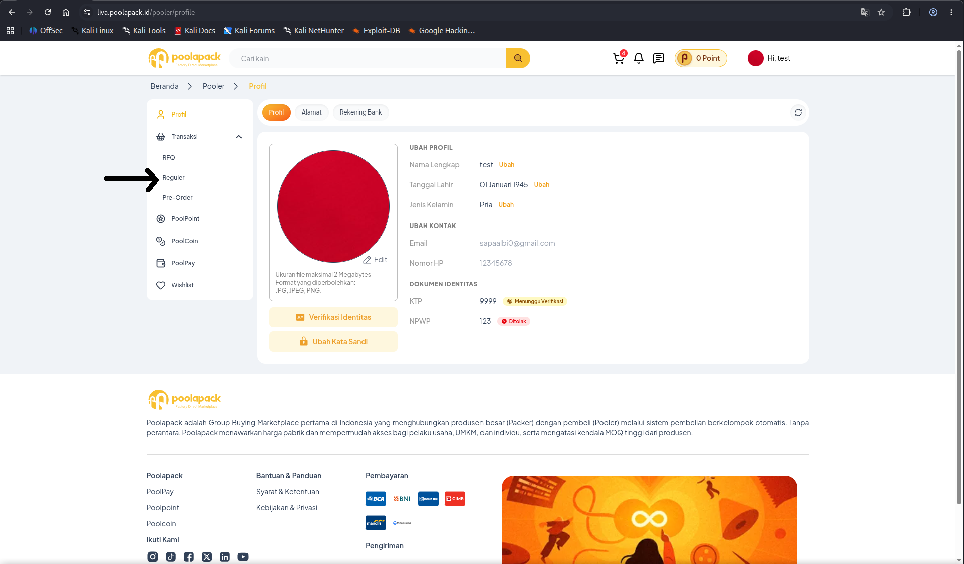 Halaman Profil Desktop Web Poolapack dengan menu Transaksi dan pilihan Reguler