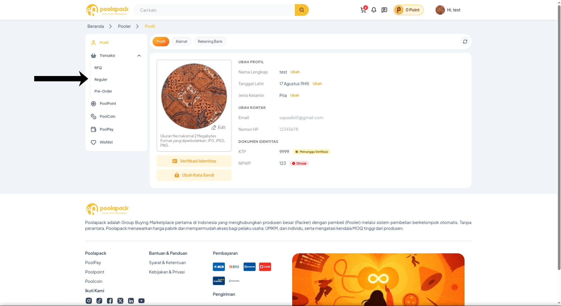 Halaman Profil akun Pooler dengan menu Transaksi dan submenu RFQ pada bilah navigasi kiri