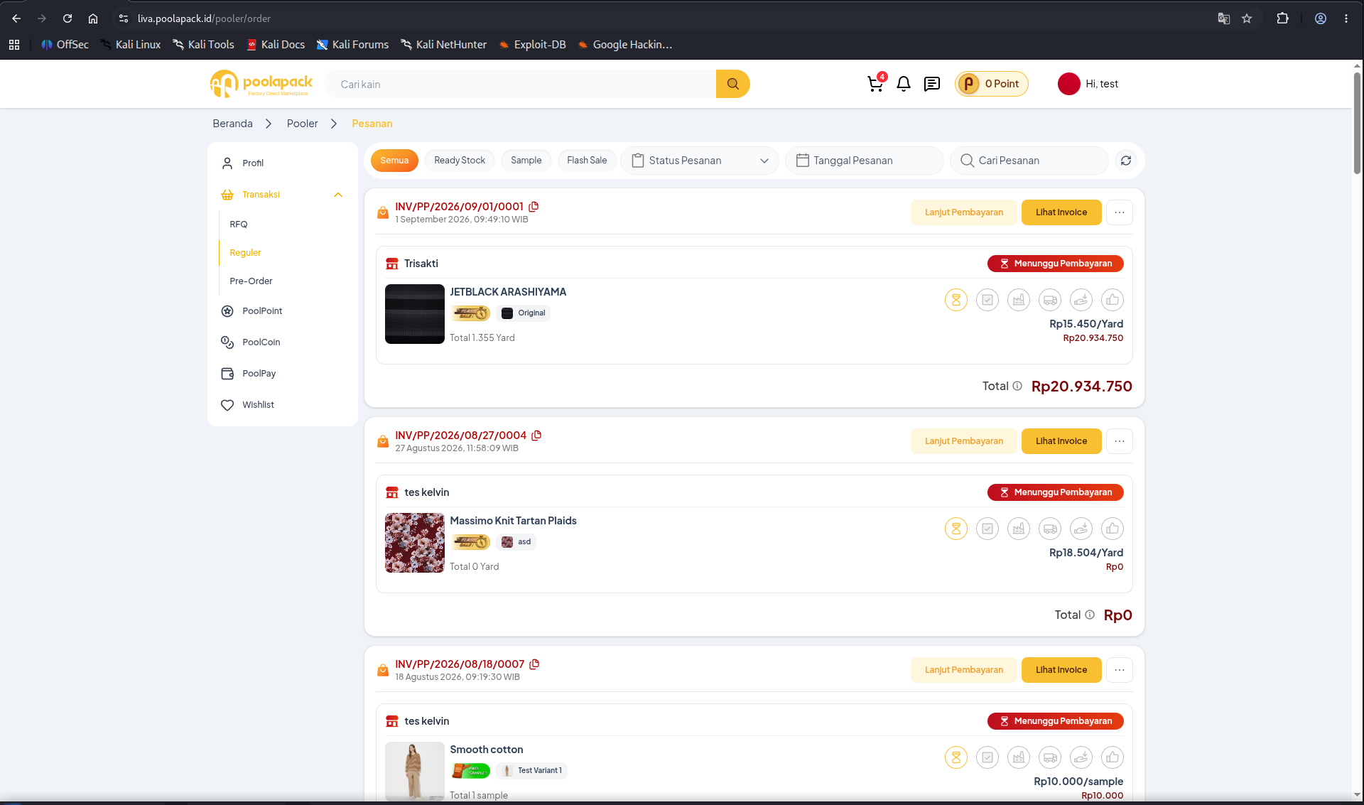 Halaman Pesanan Desktop Web Poolapack dengan filter status, tombol invoice, dan log tahapan transaksi