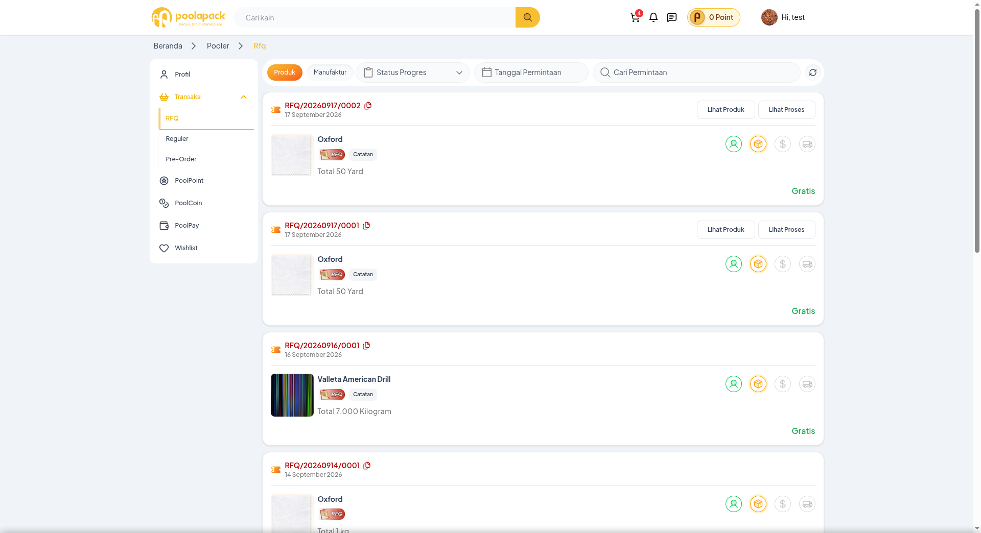 Halaman manajemen RFQ website desktop Poolapack yang menampilkan daftar pengajuan RFQ, filter progres, serta tombol Lihat Produk dan Lihat Proses