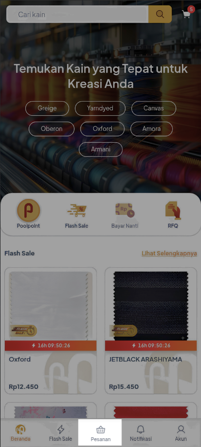 Beranda Mobile Web Poolapack dengan menu Pesanan pada navigasi bagian bawah