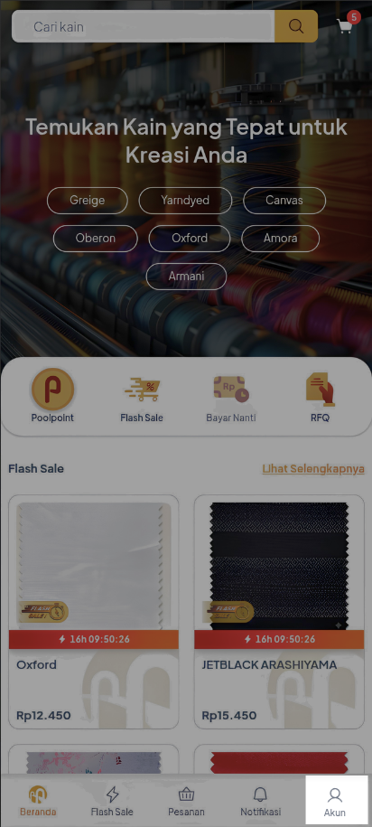 Beranda Mobile Web Poolapack dengan menu Akun pada navigasi bagian bawah untuk membuka manajemen RFQ