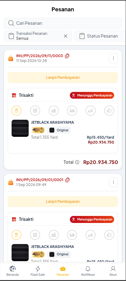 Halaman Pesanan Mobile Web Poolapack yang menampilkan daftar invoice, status transaksi, dan tahapan proses produk
