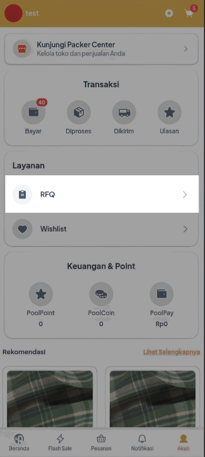 Halaman Akun Mobile Web Poolapack dengan pilihan menu RFQ pada bagian Layanan
