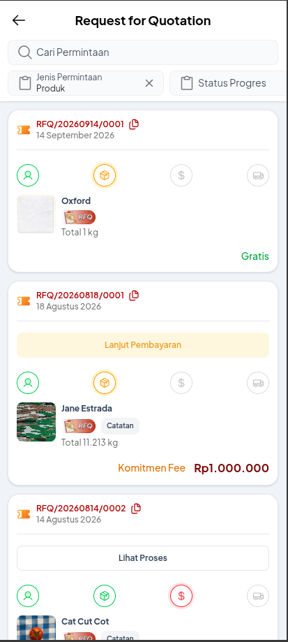 Halaman manajemen Request for Quotation Mobile Web Poolapack yang menampilkan daftar RFQ dan status prosesnya