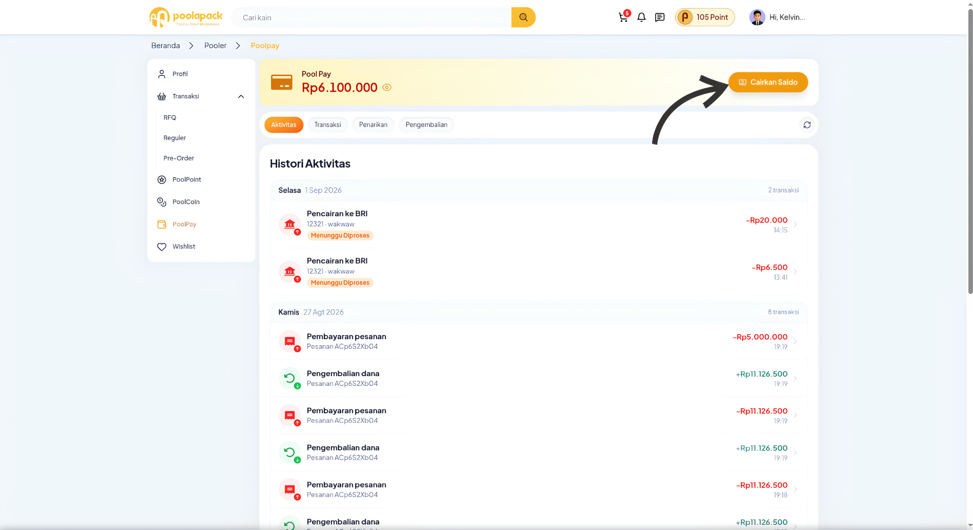 Halaman PoolPay Desktop Web dengan tombol Cairkan Saldo