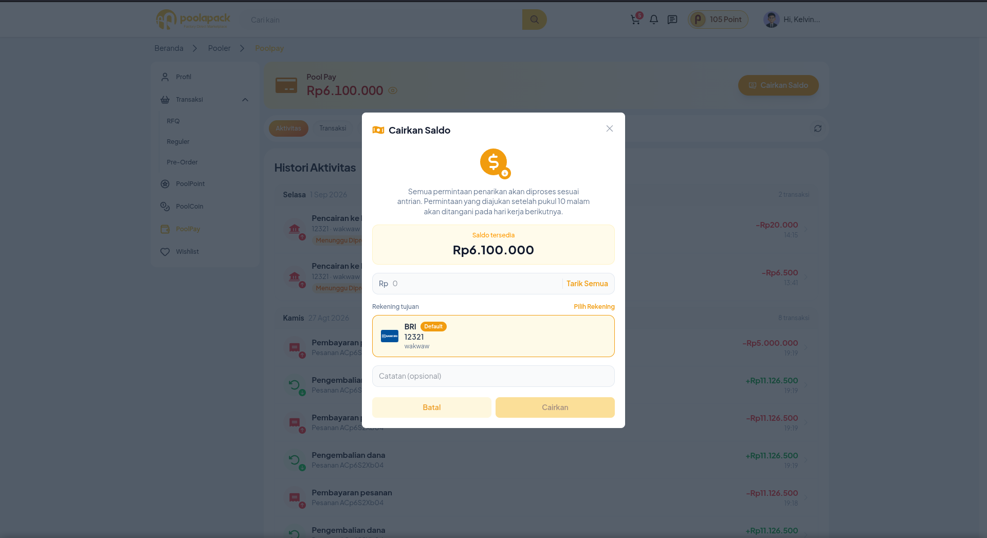 Form pencairan saldo PoolPay Desktop Web dengan nominal dan rekening tujuan