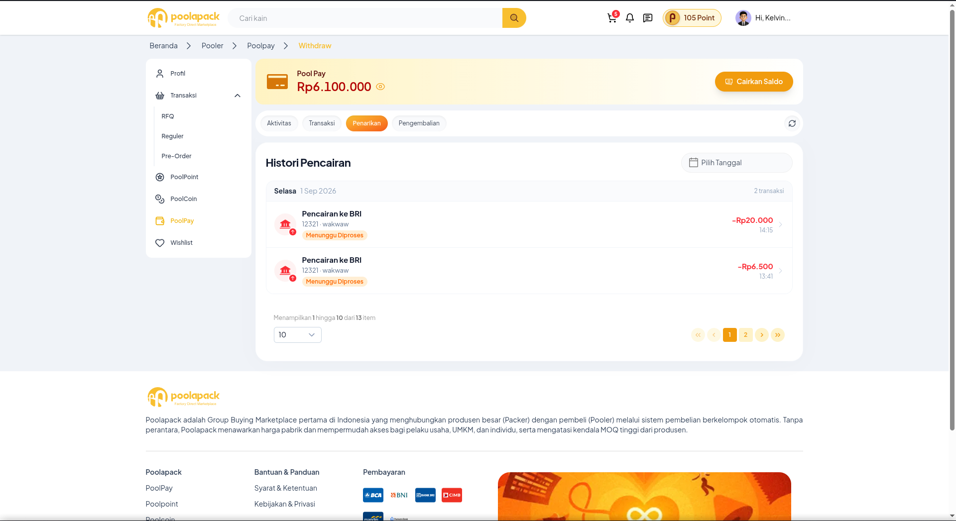Tab Penarikan dan Histori Pencairan pada Desktop Web