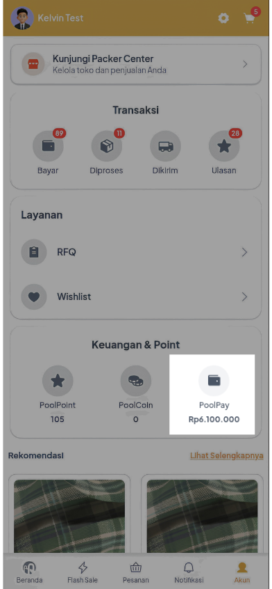 Menu PoolPay pada halaman Akun Mobile Web Poolapack