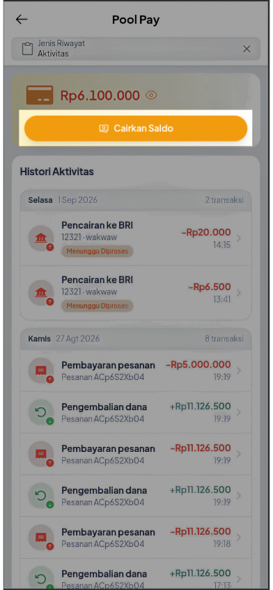 Halaman PoolPay Mobile Web dengan tombol Cairkan Saldo