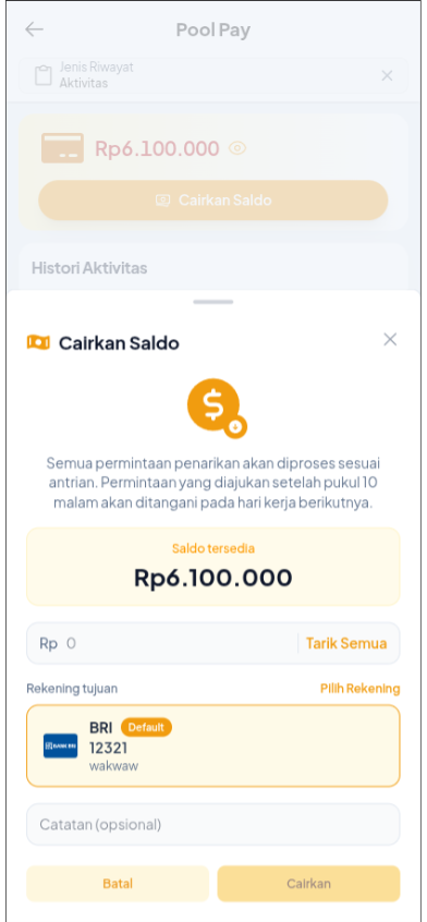 Form pencairan saldo PoolPay Mobile Web dengan nominal dan rekening tujuan
