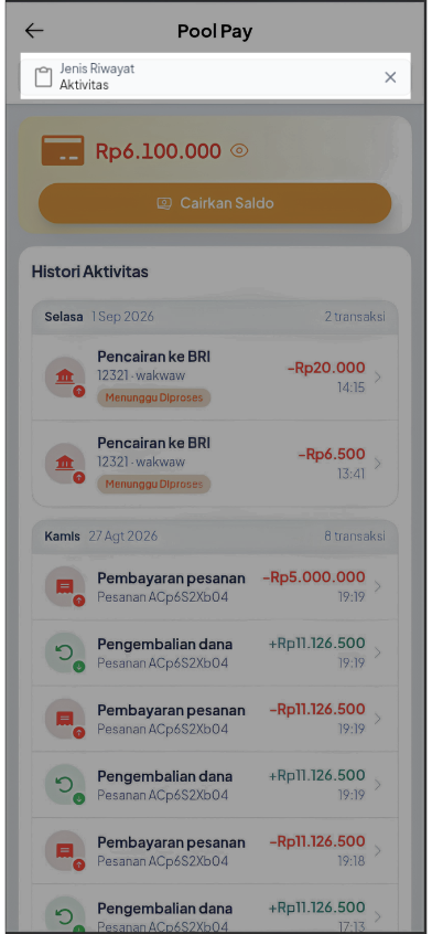 Kolom Jenis Riwayat pada halaman PoolPay Mobile Web