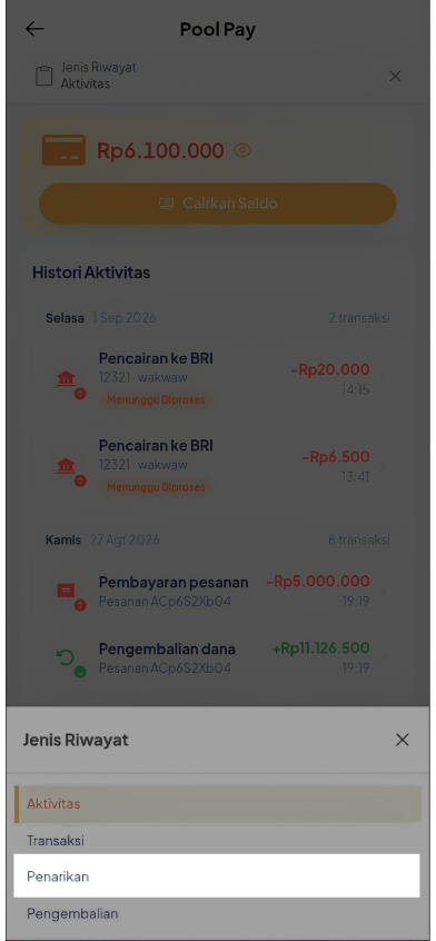 Pilihan jenis riwayat Penarikan pada halaman PoolPay Mobile Web
