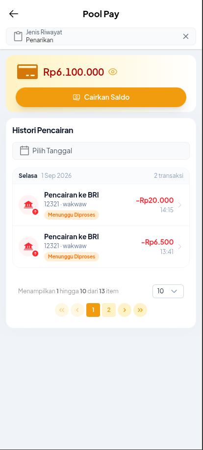 Histori Pencairan dan status pengajuan pada Mobile Web