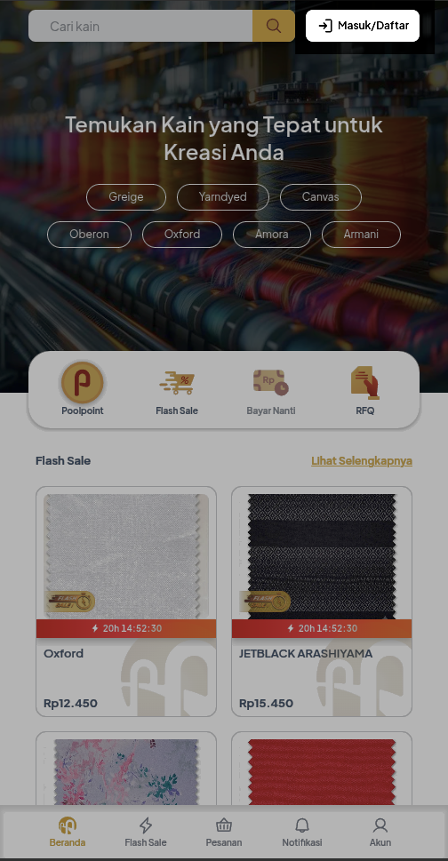 Tampilan beranda aplikasi Poolapack — tombol Masuk/Daftar di kanan atas