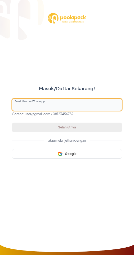 Form input email dan tombol Google di aplikasi Poolapack