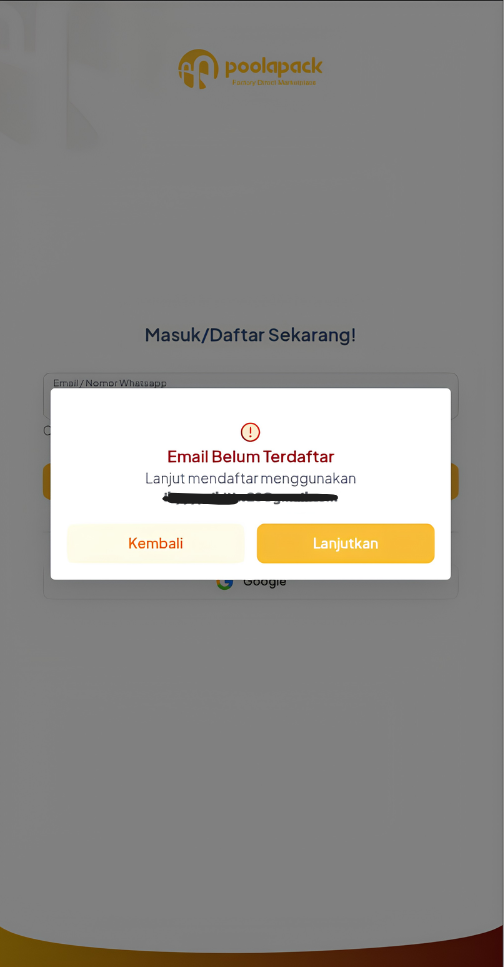 Konfirmasi email belum terdaftar di aplikasi Poolapack