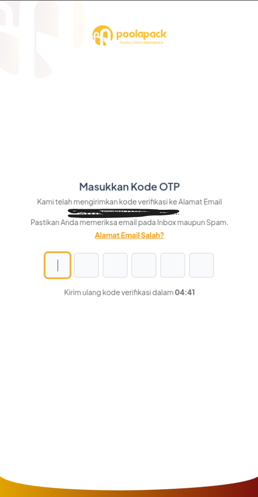 Layar input kode OTP 6 digit di aplikasi Poolapack