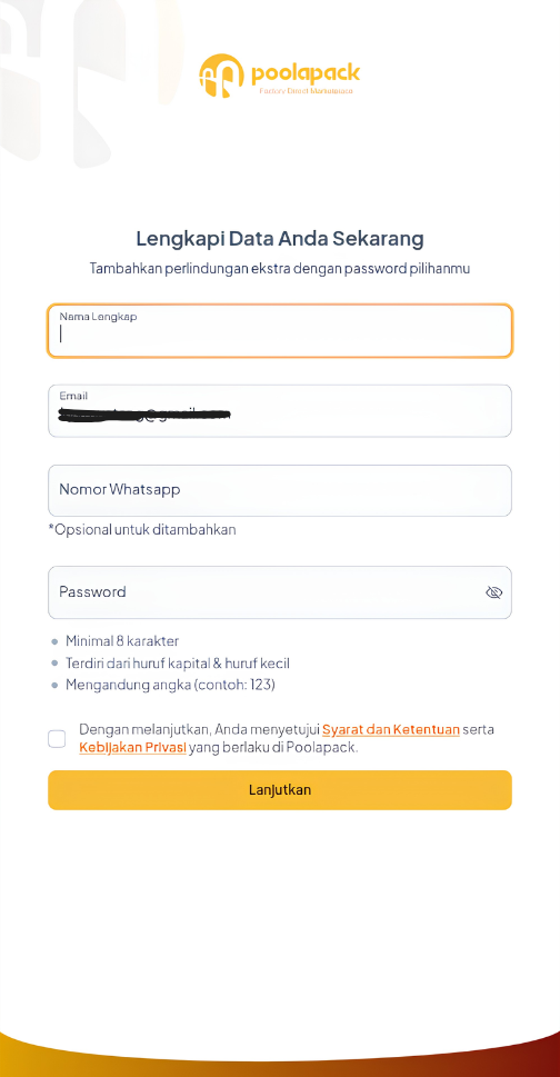 Form lengkapi data akun dan password di aplikasi Poolapack