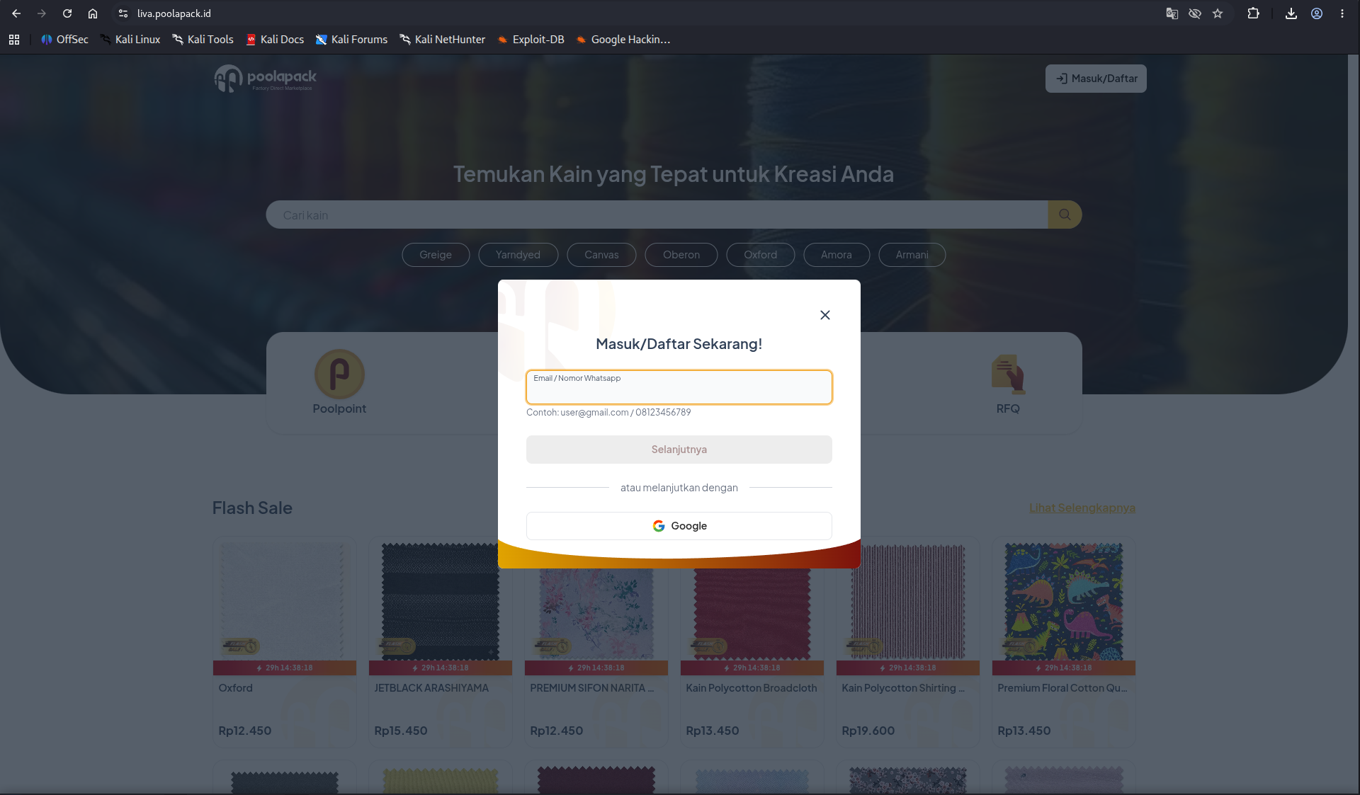Modal form input email dan tombol Google di website Poolapack