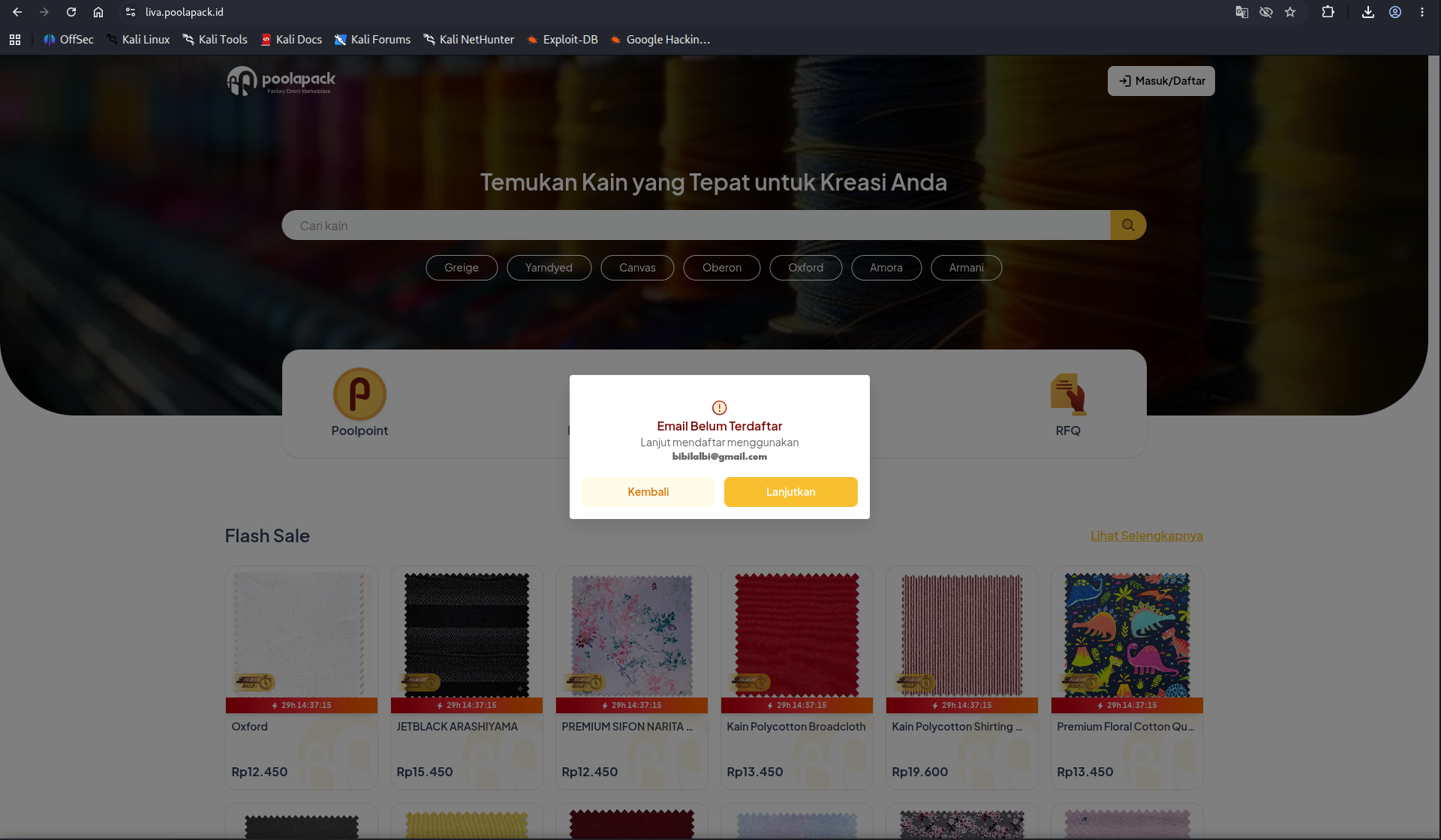 Modal konfirmasi email belum terdaftar di website Poolapack