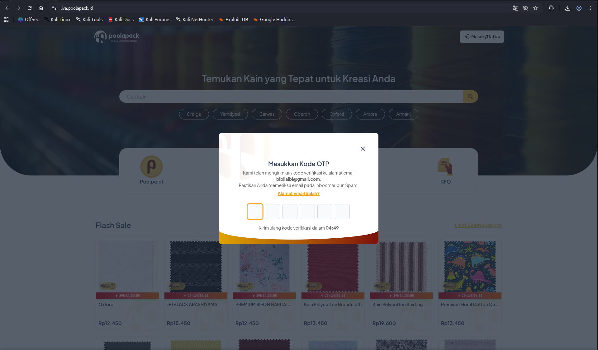 Modal input kode OTP 6 digit di website Poolapack
