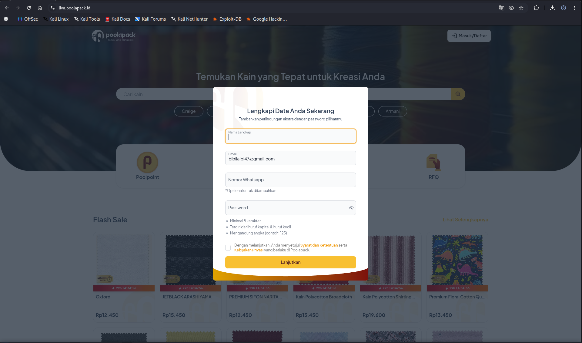 Modal lengkapi data akun dan buat password di website Poolapack