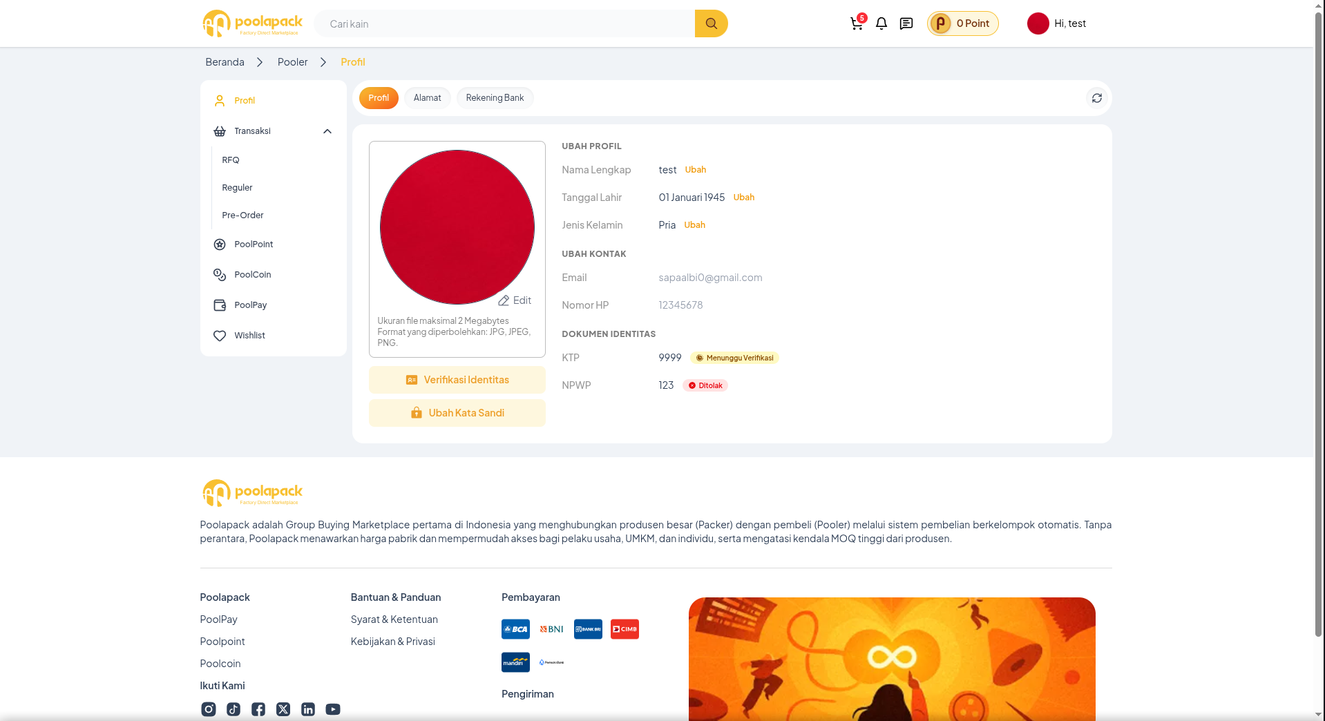 Halaman profil dengan tombol Ubah Password di desktop Poolapack