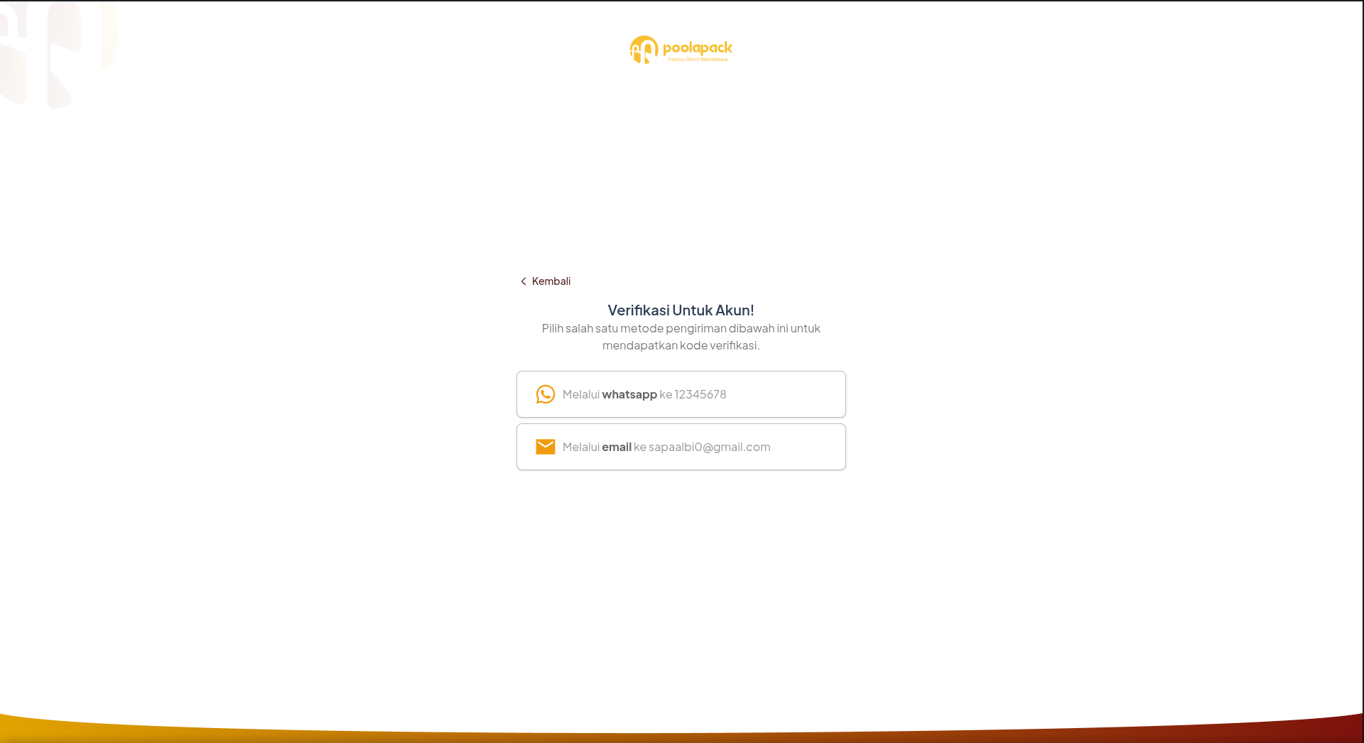 Pilihan pengiriman OTP via WhatsApp atau Email di desktop