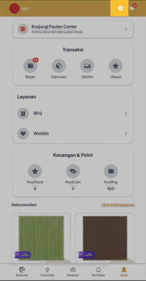Halaman akun di mobile web Poolapack