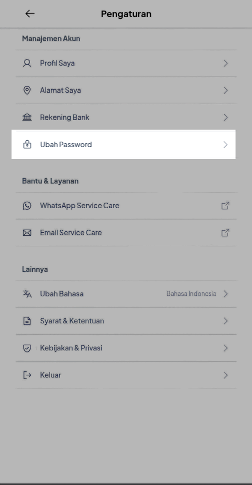 Ikon pengaturan dan tombol Ubah Password di halaman akun