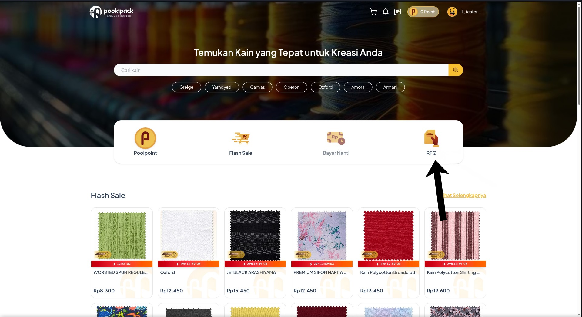 Tampilan beranda website desktop Poolapack dengan tombol menu cepat RFQ