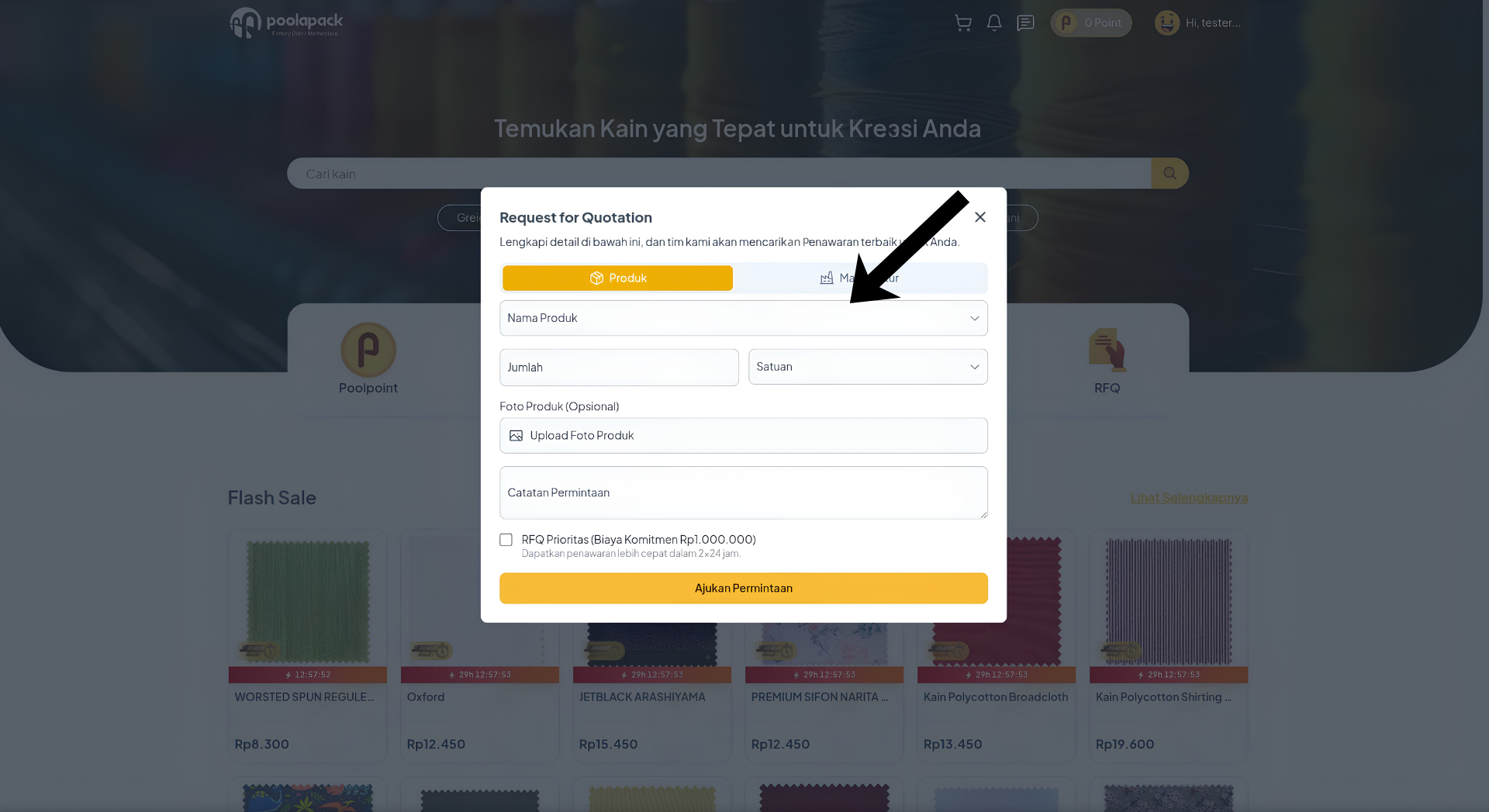Formulir pop-up modal Request for Quotation di website desktop Poolapack dengan kolom Nama Produk dan opsi Prioritas